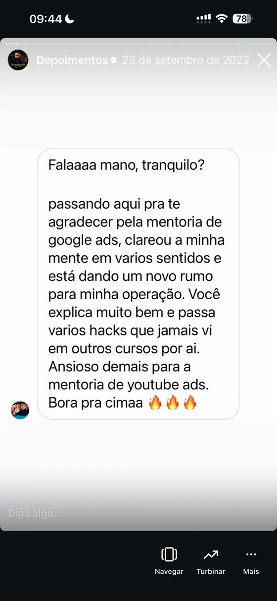 Print de mensagem de agradecimento pela mentoria