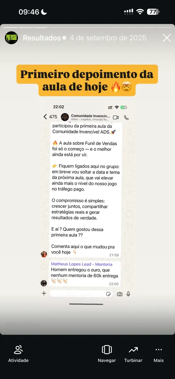 Print de depoimento após aula da comunidade