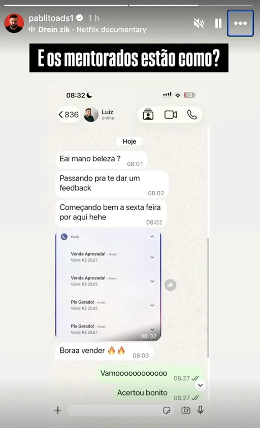 Print de mentorado mostrando vendas aprovadas